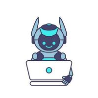 Robot character work with laptop vector illustration. Cute Cartoon Robot Illustration Design