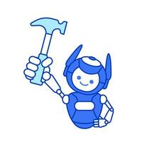 Robot carpenter character. Robot holding hammer vector