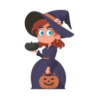 A little girl is wearing a creepy witch costume and is holding a pumpkin. Halloween theme refers to the things and activities associated with Halloween that can bring joy and entertainment vector