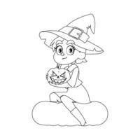 A small girl is dressed as a witch. She is really excited and can't wait for Halloween. She is holding a pumpkin.Linear style. vector