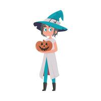 A girl wearing a bright witch outfit is holding a pumpkin. Halloween is a special theme or topic. Cartoon style, Vector Illustration