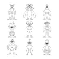 In a large group, there are lots of weird and amusing monsters. Childrens coloring page. vector