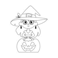 un pequeño niña es vistiendo un bruja traje, felizmente participación un calabaza y ansiosamente esperando para halloween.lineal estilo. vector