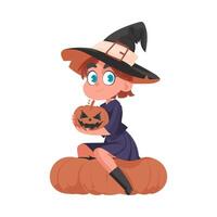 A small girl is dressed as a spooky witch and is carrying a pumpkin. The Halloween theme is about the stuff and fun things related to Halloween that make people happy and entertained. vector