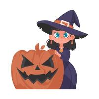 A little girl is wearing a scary witch costume and she is holding a pumpkin. The Halloween theme is all about having fun and doing enjoyable things that are related to Halloween. vector