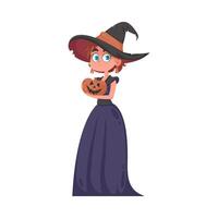 A small girl is dressed as a frightening witch and carrying a pumpkin. The Halloween theme is all about the fun and enjoyable things and activities that are related to Halloween. vector