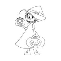 A small girl is dressed in a costume that resembles a witch.Linear style. vector