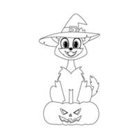 A cute cat with a witch's hat is sitting on a pumpkin and waiting calmly for Halloween.Linear style. vector