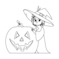 A young girl is dressed like a witch. She is very excited and can't wait for Halloween. She is holding a pumpkin.Linear style. vector