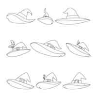These are many big Halloween witch hats. Childrens coloring page. vector