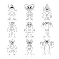 There are lots of funny and strange cartoon monsters in a large group. Childrens coloring page. vector