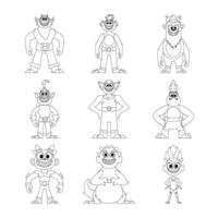 There is a big collection of funny and strange monster cartoon characters. Childrens coloring page. vector