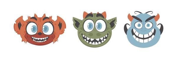 Collection of hilarious and wacky monster expressions . Cartoon style. vector