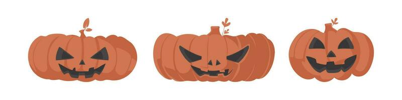 A group of Halloween pumpkins with scary faces . Cartoon style. vector