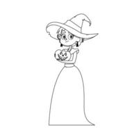 A small girl wearing a witch costume is happily holding a pumpkin and excitedly waiting for Halloween.Linear style. vector