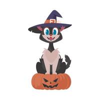 A playful black cat with a witch's hat is sitting on top of a pumpkin. Cartoon style, Vector Illustration