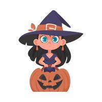 A small girl is wearing a spooky witch outfit and she is carrying a pumpkin. The Halloween theme is about having a good time and doing fun activities that are connected to Halloween. vector