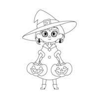 A small girl is dressed as a witch, she is very happy and excitedly waiting for Halloween while holding a pumpkin.Linear style. vector