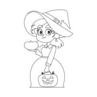 A little girl is wearing a costume of a witch. She is very happy and can't wait for Halloween. She has a pumpkin in her hand.Linear style. vector