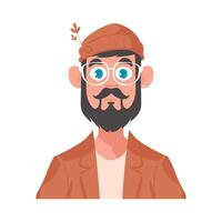 A cool man wearing a hat and glasses. A programmer and designer's avatar. Cartoon style, Vector Illustration