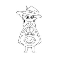 un pequeño niña vistiendo un bruja atuendo es alegremente que lleva un calabaza y ansiosamente anticipando halloween.lineal estilo. vector