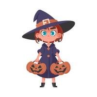 A little girl is dressed as a scary witch and she is holding a pumpkin. The idea behind Halloween is to enjoy yourself and do fun things that are related to Halloween. vector