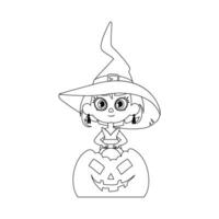 un pequeño niña es vestido como un bruja, felizmente que lleva un calabaza y emocionado esperando para halloween.lineal estilo. vector