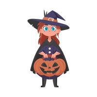 A little girl is wearing a scary witch costume and holding a pumpkin. The Halloween theme is all about having fun and doing enjoyable things that are connected to Halloween. vector