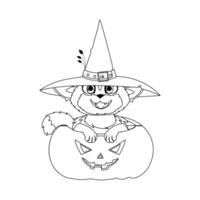 A pretty cat wearing a witch's hat is sitting on a pumpkin and patiently waiting for Halloween.Linear style. vector