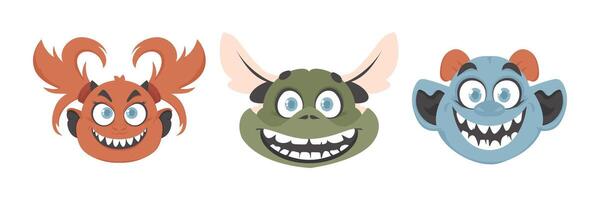 A collection of funny and silly monster faces. Cartoon style. vector