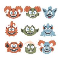 A bunch of silly and entertaining monster faces. Cartoon style. vector