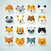 conjunto de animal caras, cara emojis, pegatinas, emoticones, dibujos animados gracioso mascota caracteres cara colocar, generativo ai ilustración foto