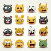 conjunto de animal caras, cara emojis, pegatinas, emoticones, dibujos animados gracioso mascota caracteres cara colocar, generativo ai ilustración foto