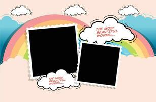 two blank photo frames with clouds and rainbow vector