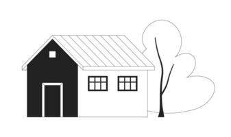 Cute house monochrome flat vector object. Town building with decorative tree. Editable black and white thin line icon. Simple cartoon clip art spot illustration for web graphic design