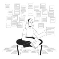 Woman taking notes bw concept vector spot illustration. Remember everything. Worker 2D cartoon flat line monochromatic character for web UI design. Productivity editable isolated outline hero image