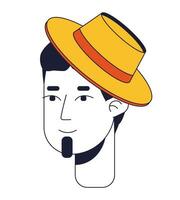 relajado caucásico hombre en sombrero plano línea color vector personaje cabeza. positivo. demostración emoción. editable dibujos animados avatar icono. cara emoción. sencillo dibujos animados Mancha ilustración para web gráfico diseño