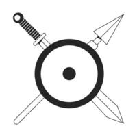 Crossed medieval weapon behind shield flat monochrome isolated vector object. Sword and spear. Editable black and white line art drawing. Simple outline spot illustration for web graphic design