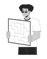 Man holding puzzles board bw concept vector spot illustration. Chaos unorganized 2D cartoon flat line monochromatic character for web UI design. Productivity editable isolated outline hero image