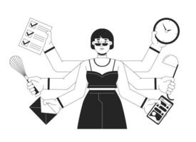 Multitasking business woman bw concept vector spot illustration. Holding different items 2D cartoon flat line monochromatic character for web UI design. Productivity editable isolated hero image