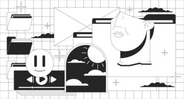 Y2k computer interface black and white lo fi aesthetic wallpaper. 1990s folder files, melted smile, surreal arch outline 2D vector cartoon composition illustration, monochrome lofi background