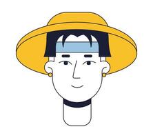 Asian man in hat flat line color vector character head. Cheerful brunette boy. Editable cartoon avatar icon. Face emotion. Simple cartoon spot illustration for web graphic design