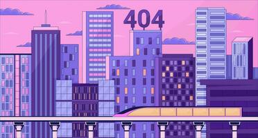 Bullet train night skyscrapers error 404 flash message. Twilight railway. Website landing page ui design. Not found cartoon image, dreamy vibes. Vector flat illustration with 90s retro background