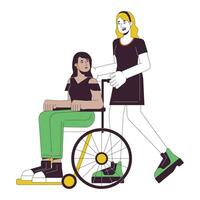 Taking care flat line concept vector spot illustration. Woman helping disabled person on wheelchair 2D cartoon outline characters on white for web UI design. Editable isolated color hero image