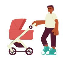 Walking with baby inside carriage flat concept vector spot illustration. Father pushes baby stroller 2D cartoon character on white for web UI design. Isolated editable creative hero image