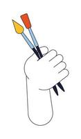 Painting brush in hand flat line concept vector spot illustration. Creative hobby equipment. Painting tools 2D cartoon outline hand on white for web UI design. Editable isolated color hero image