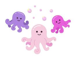 Smiling octopuses with sparkling bubbles semi flat color vector characters. Dreamlike sea creatures. Editable full body personages on white. Simple cartoon spot illustration for web graphic design