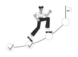 Woman going up on milestones bw concept vector spot illustration. Achieving goals 2D cartoon flat line monochromatic character for web UI design. Productivity editable isolated outline hero image