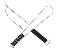 Crossed weapon flat monochrome isolated vector object. Baseball bat and sharp sword. Editable black and white line art drawing. Simple outline spot illustration for web graphic design