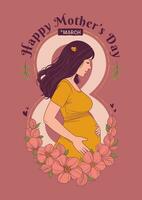 Happy Mother's Day. Vector illustration of a pregnant woman with her hands on her belly. The woman is surrounded by flowers and hearts, representing the joy and love of motherhood